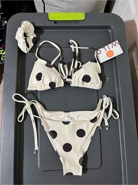 Wilo The Label Cream & Espresso Color Bikini Bottoms & Top with Polkadots